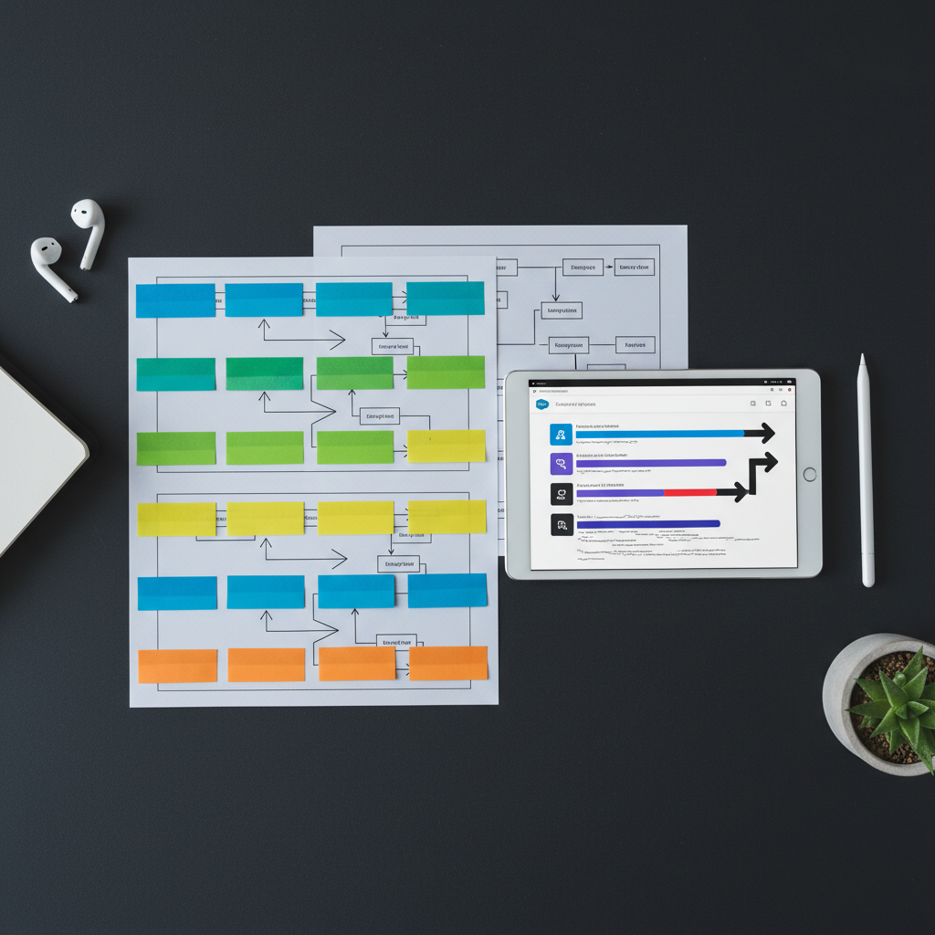 An overhead view of a carefully arranged release management planning scene: a dark, matte desk surface covered with color-coded sticky-note style blocks, printed flow diagrams, and a thin tablet showing a stylized Salesforce deployment pipeline with stages and arrows but no readable text. A pair of wireless earbuds, a silver stylus, and a small potted plant add subtle detail around the edges. Cool, diffused office lighting from above creates even illumination with soft shadows between objects, emphasizing clarity and structure. The composition uses a flat-lay, photographic style with sharp focus across the frame, conveying meticulous organization, DevOps discipline, and a calm, methodical mood suitable for expert Salesforce release management tutorials.
